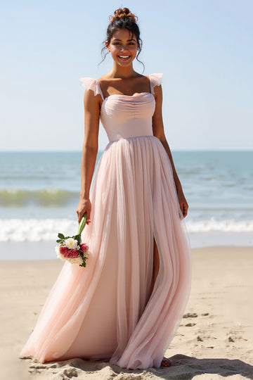 Spaghetti Straps A Line Candy Pink Bridesmaid Dress with Slit